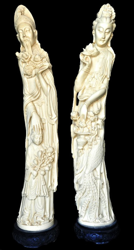 Pair of faux ivory statues of Kwan Yin and another Oriental God