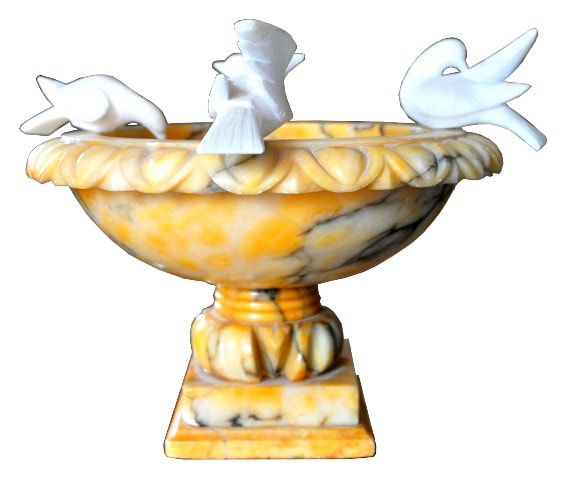 Italian veined yellow marble bird bath with 4 white alabaster doves perched on top