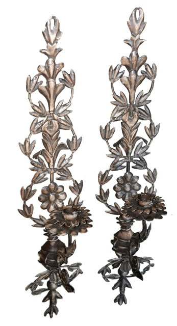 Pair of metal candle wall sconces with floral design