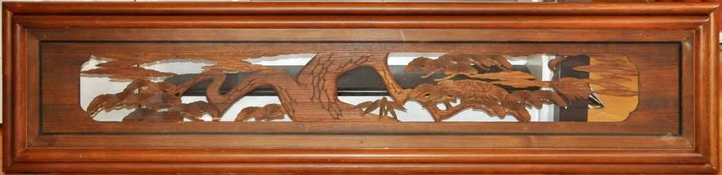 Antique Japanese carved wood ranma architectural transom with backlighting