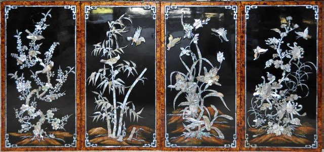 Vietnamese lacquer painting with mother of pearl inlay showing the Four Seasonsv