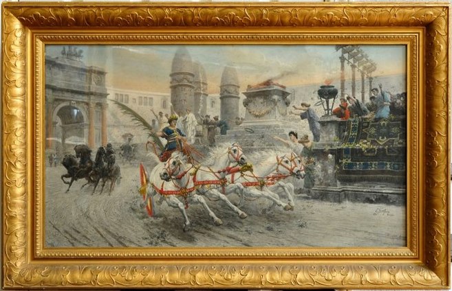 Antique chromolithograph of Ettore Forti painting titled Greeting the Victor depicting Romans on chariots