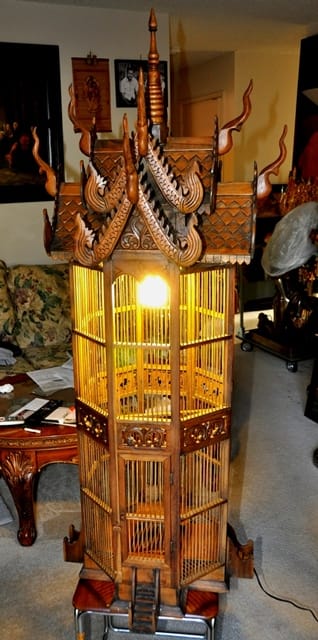 Thai handcrafted teak decorative bird cage of octagonal shape with lamp