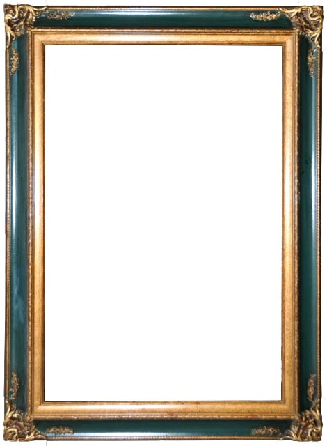 Ornate wood picture frame painted in gold and green​