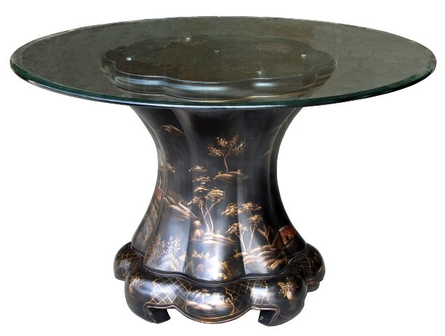 Maitland-Smith glass top Chinoiserie pedestal dining table