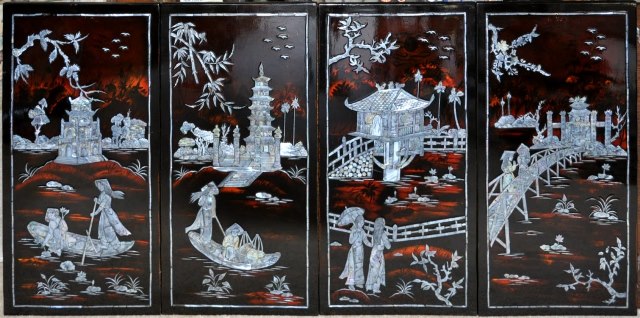4 panel Vietnamese mother of pearl inlay lacquer painting depicting many temples