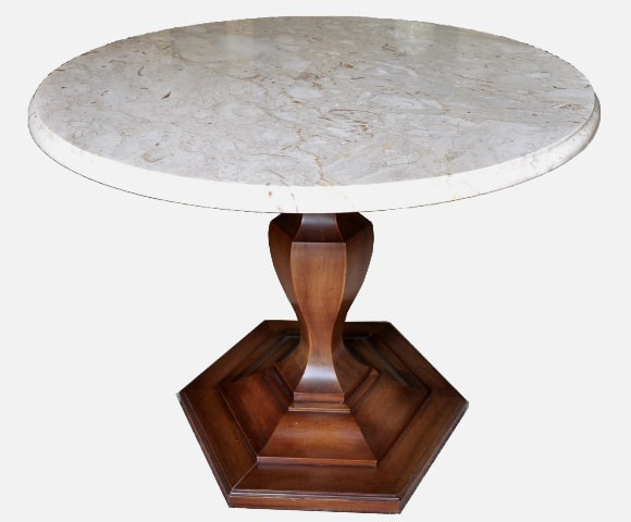 Marble top end table with walnut pedestal base