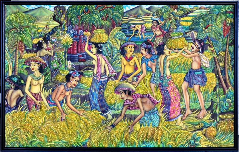 Large Balinese Ubud oil on canvas painting depicting farmers harvesting paddy