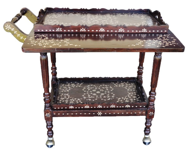 Wooden Indian tea service cart and trays with bone inlay floral artwork
