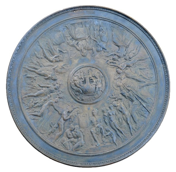 Bronze medallion plaque with 3D relief artwork depicting Roman or Greek life