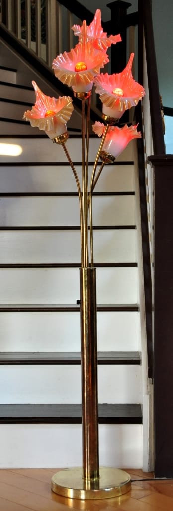 Gold finish metal base floor lamp with 5 flower shaped glass shades