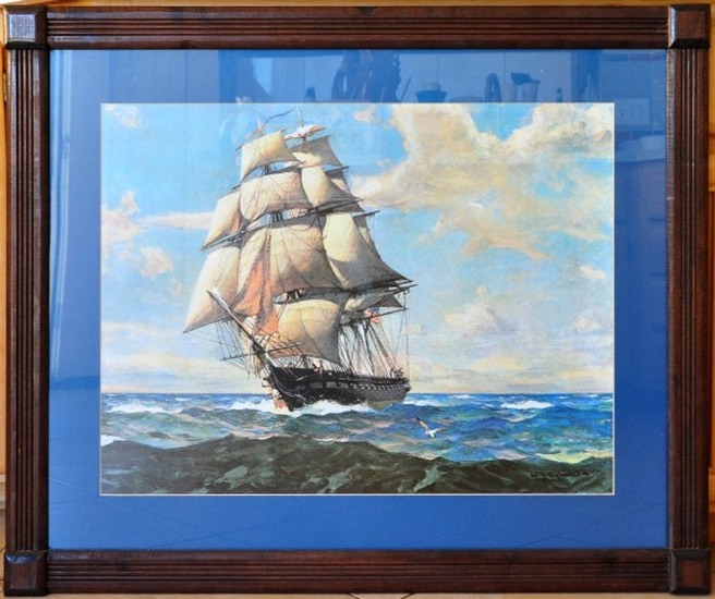 Framed print of the USS Constitution painted by William James Aylward