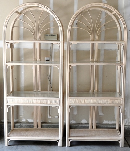 Pair of beautiful wicker display stand​s with glass shelves