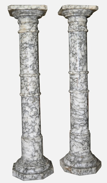 Pair of antique white and gray marble column pedestals