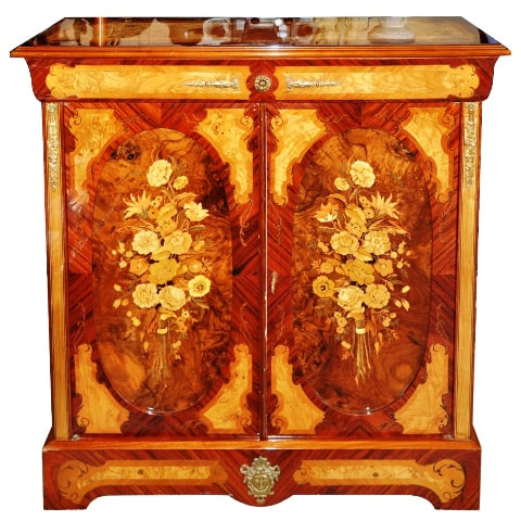 French inlaid cabinet with beautiful marquetry of flower bouquets