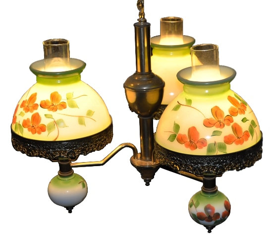 Vintage chandelier with 3 Victorian style parlor lamps and painted glass shades