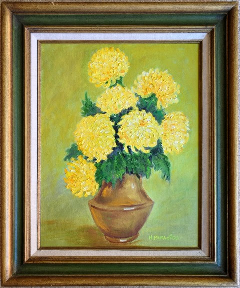 Oil on canvas painting of yellow flowers in a vase by H. Paradiso