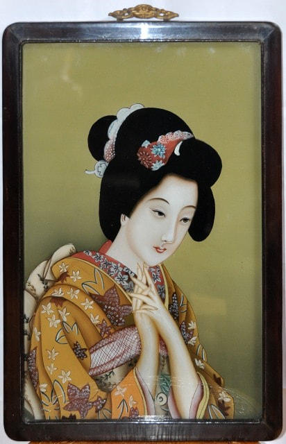 Reverse glass painting of a geisha