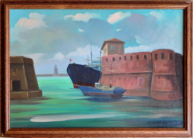 Oil on panel painting by Renato Natali depicting Italian port scene