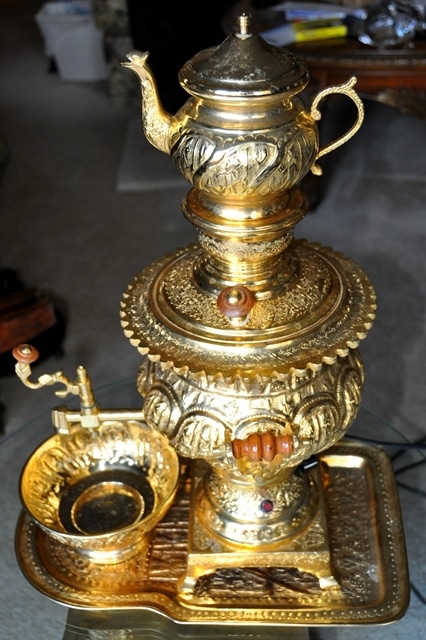 Gold plated Persian samovar with tea pot, bowl and tray