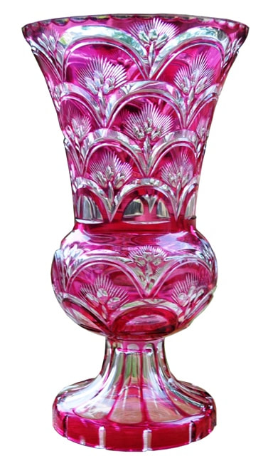 Large Bohemian cranberry overlay cut to clear crystal glass vase