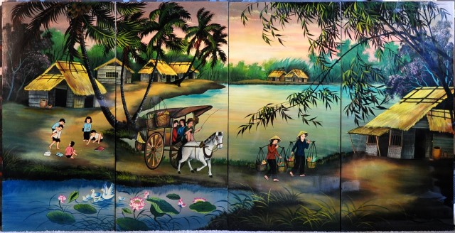 Lacquer painting of Vietnamese village scene