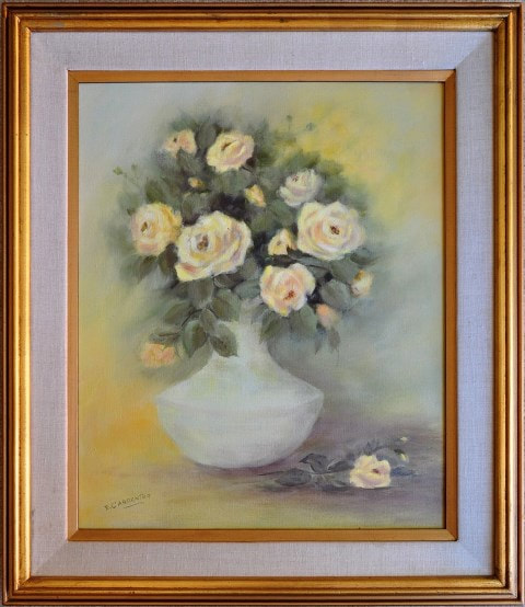 Oil on canvas painting of yellow roses in a vase by E. Carpenter