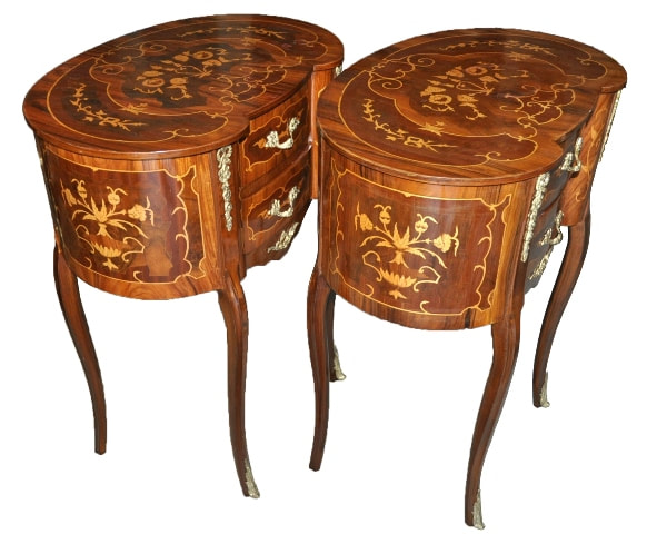 Pair of inlaid kidney shaped antique Louis XV style nightstands with ormolu mounts
