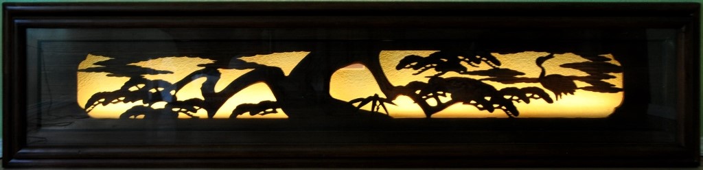 Antique Japanese carved wood ranma (architectural transom) with backlighting