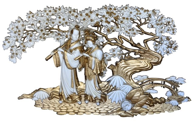 3D relief Oriental wall hanging artwork in white and gold
