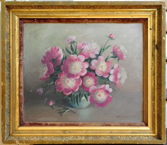 Antique oil on board still life painting depicting Athena Peonies by Ida Martin Clute