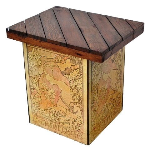 Antique French end table cum storage box with Art Nouveau poster created by Paul Berthon for L'Ermitage