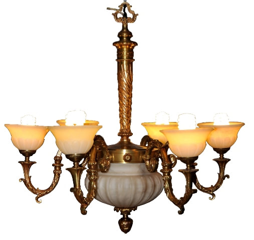 French Empire style 6 light gilt bronze chandelier with alabaster shades