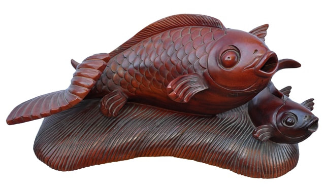 Large Oriental hardwood carved sculpture of two koi fish