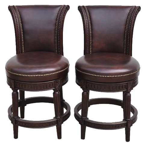 Pair of Manchester swivel counter height brown leather bar stools