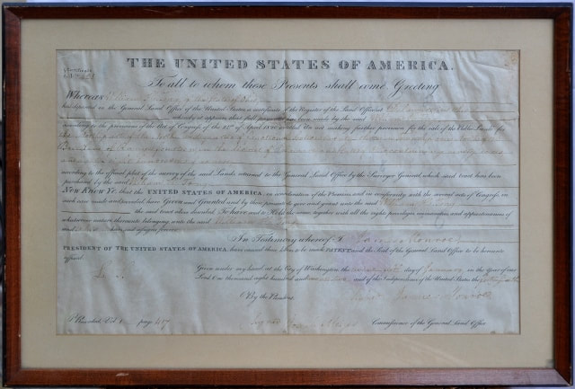 Land grant certificate signed in 1822 by the 5th US President James Monroe​