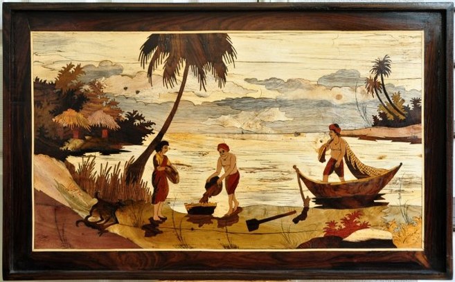 Marquetry wood inlay artwork from India depicting a coastal sceneryv