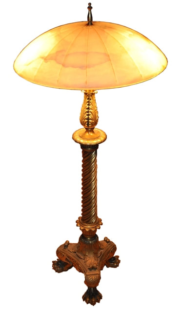 Unique table lamp with ornate brass claw feet base and alabaster bowl shade
