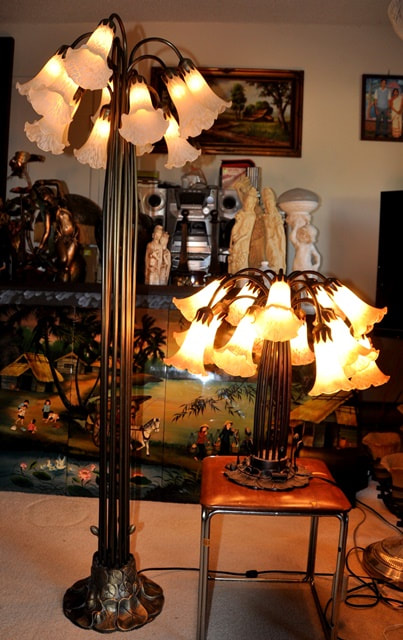 Tiffany inspired bronze floor and table lamps with lily pad base