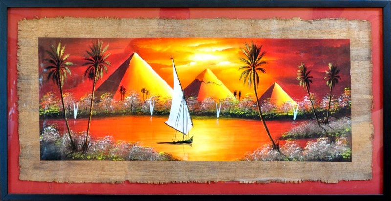 Original oil on papyrus painting by Said of Cairo depicting the pyramids of Giza