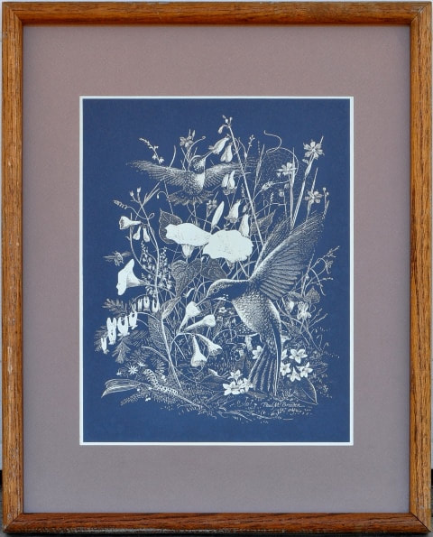 Paul M. Breeden gold foil etching depicting hummingbirds drinking nectar from flowers