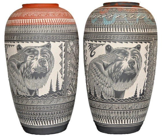Pair of large hand etched Acoma Pueblo pottery vases by R. N. K. Sanchez both depicting an eagle and a bear