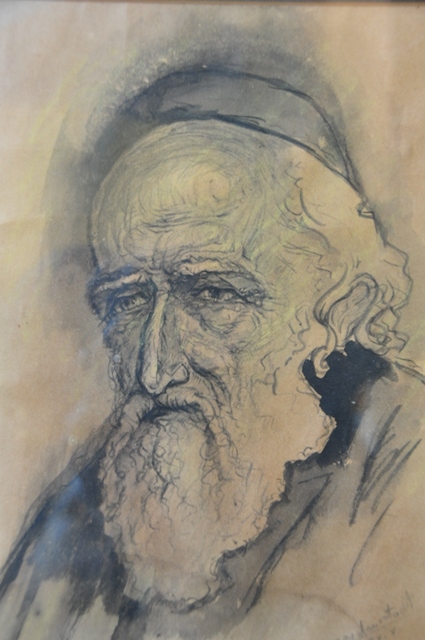 Ink on paper drawing of a rabbi by Samuel Zajdensztadt