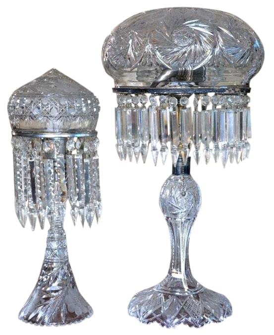 Pair of antique American Brilliant Period cut crystal table lamps with mushroom and acorn shades