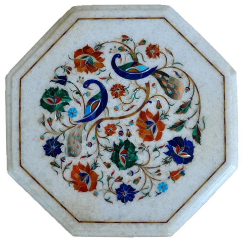 Octagonal marble plaque with pietra dura artwork of peacocks and flowers