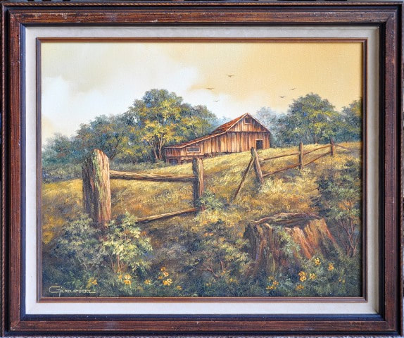 Oil on canvas painting of a barn by Griselda Tello