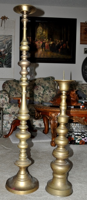Pair of tall Japanese brass candle holders for altar