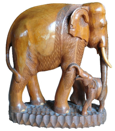 Solid teak wood sculpture of a mother elephant with her baby