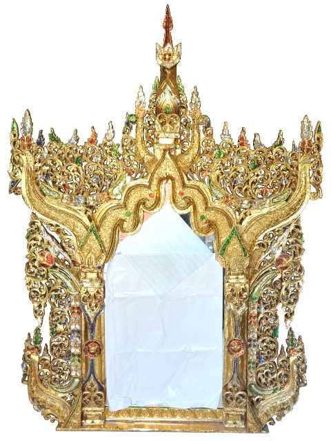 Ornate gilt wood Thai mirror inlaid with colored mirrored glass pieces