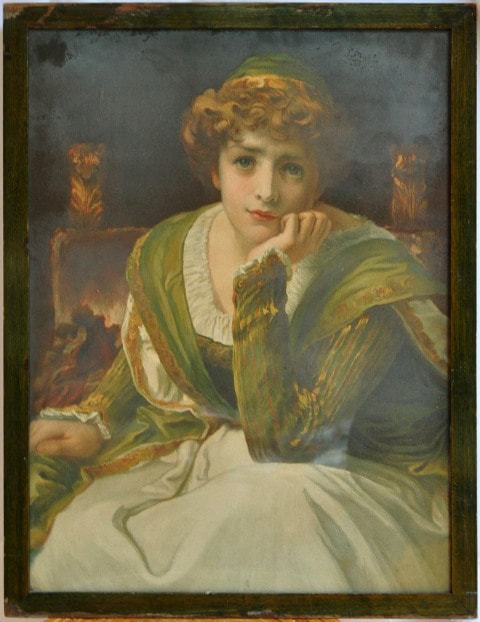 Chromolithograph of a painting depicting a woman in contemplation